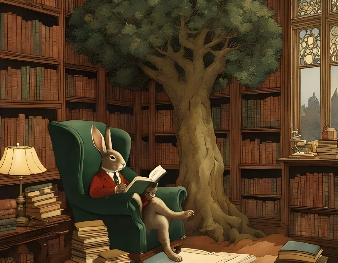 Rabbit Reading in Library, Edmund Dulac Style