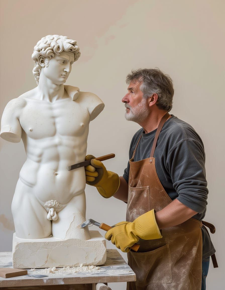 Unfinished form	unfinished, half-carved, partially emerging, emerging from stone
Tool marks	visible chisel marks, tool-s...