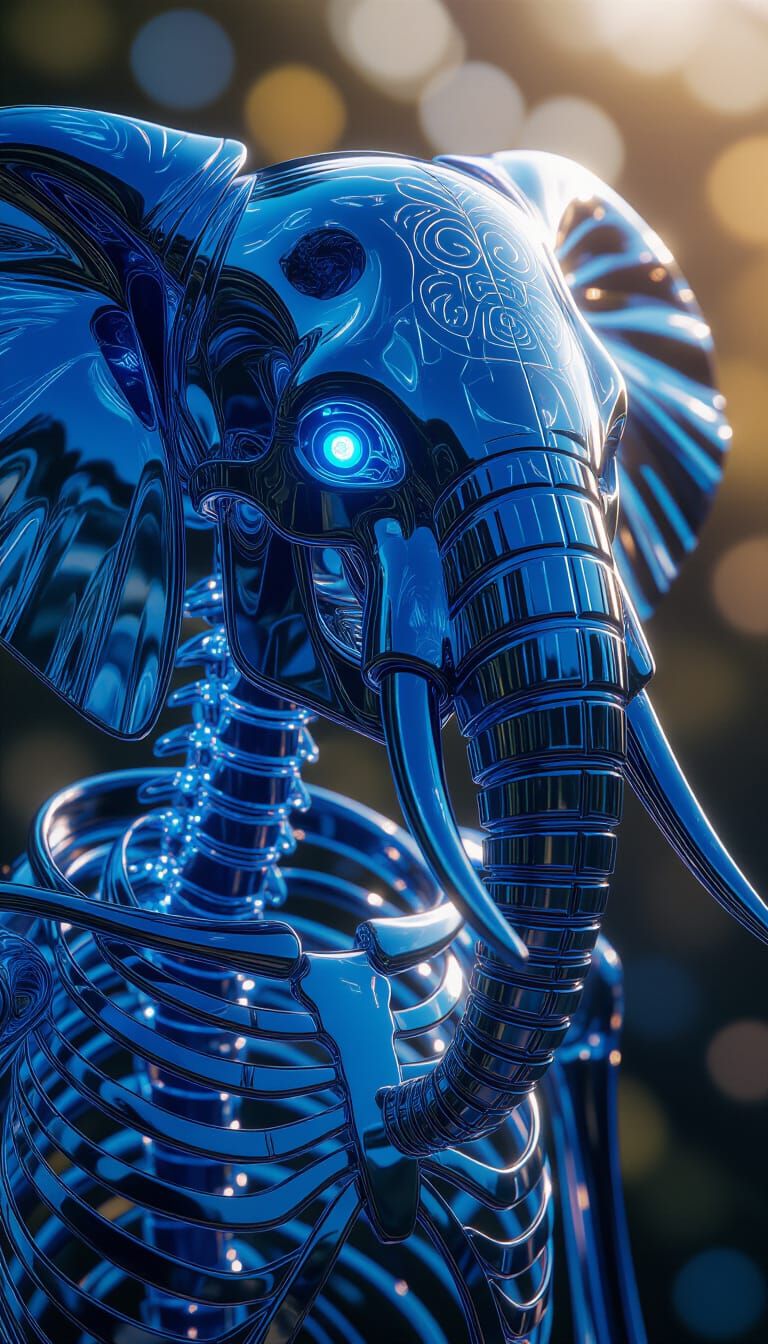 Crystal Elephant Portrait with Glowing Skeleton