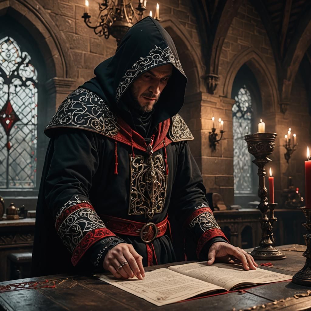 Hooded Sorcerer Performing Incantations in Castle War Room