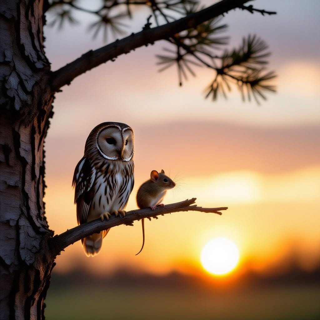 Owl and Mouse Watch Sunrise from Tree Branch