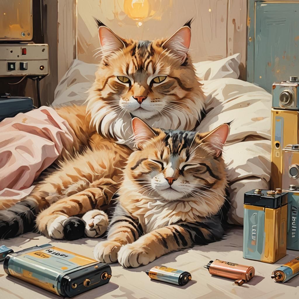 Cat Nap: Whimsical Illustration with Batteries