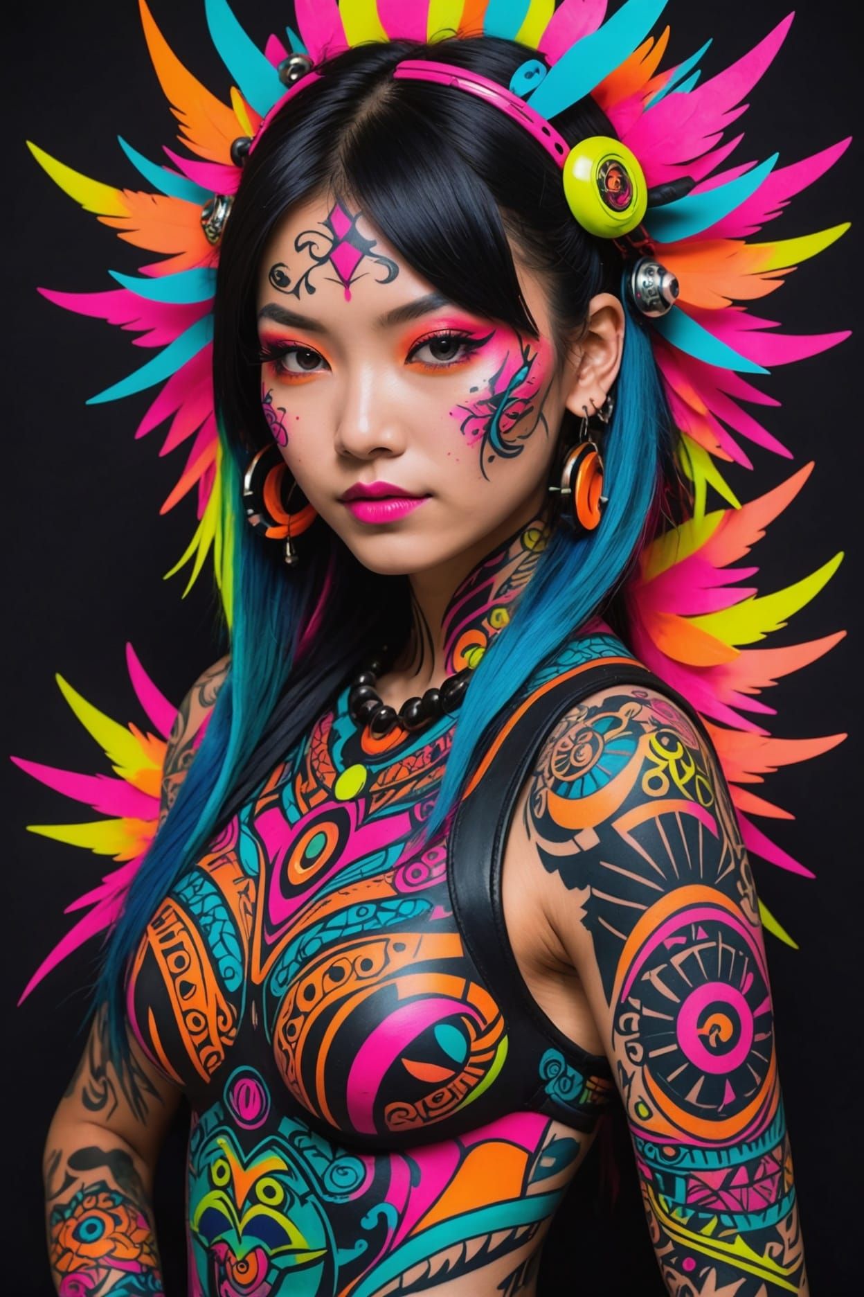 Japanese Rave Girl with Neon Tattoos in Pop Art