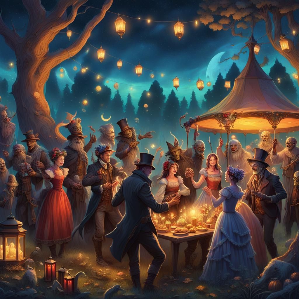 Fantasy Steampunk Undead Celebration in Autumnal Forest