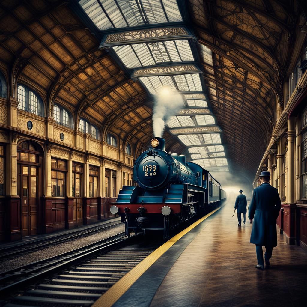 1920s Art Deco Railway Station with Steam Train