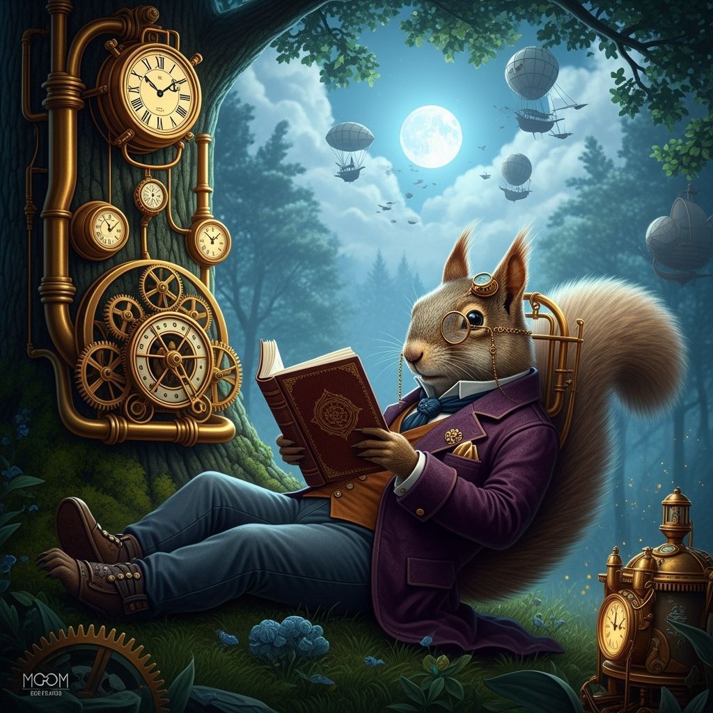 Steampunk Squirrel Reading a Book Under a Tree