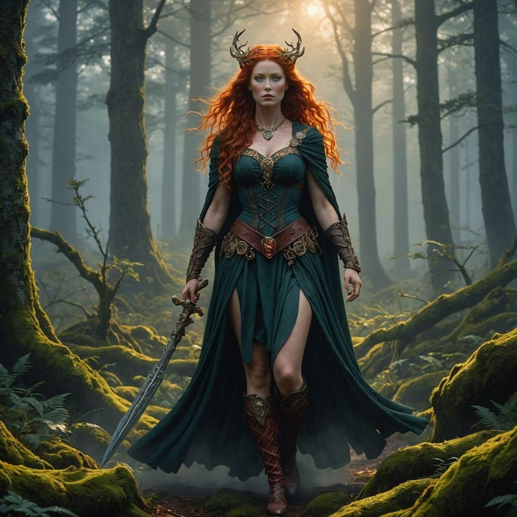 Celtic lady walking through a Misty forest at dawn