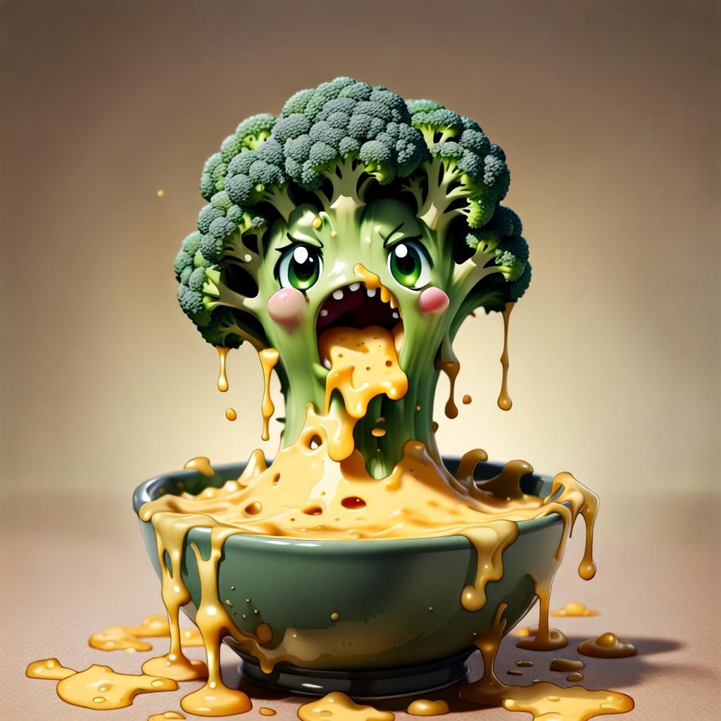 Chibi Broccoli Yelling in Cheese Bowl