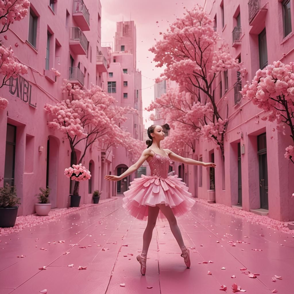 Pink Ballerina Dancing in a Pink Future City