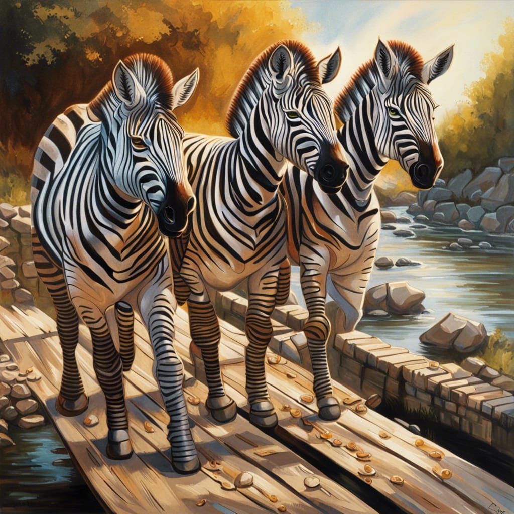 Zebras walking over an old bridge