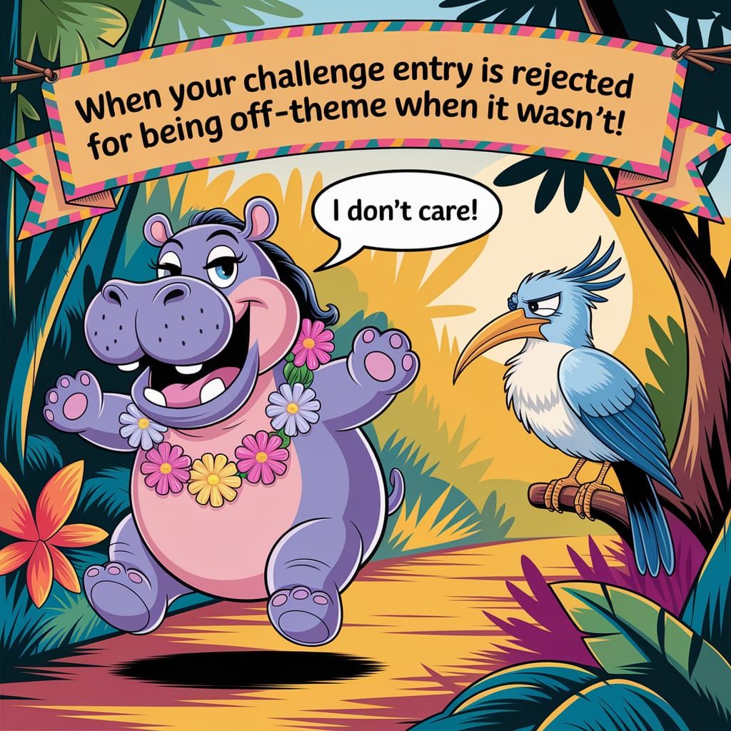 Happy Hippo in Jungle, Caricature Style
