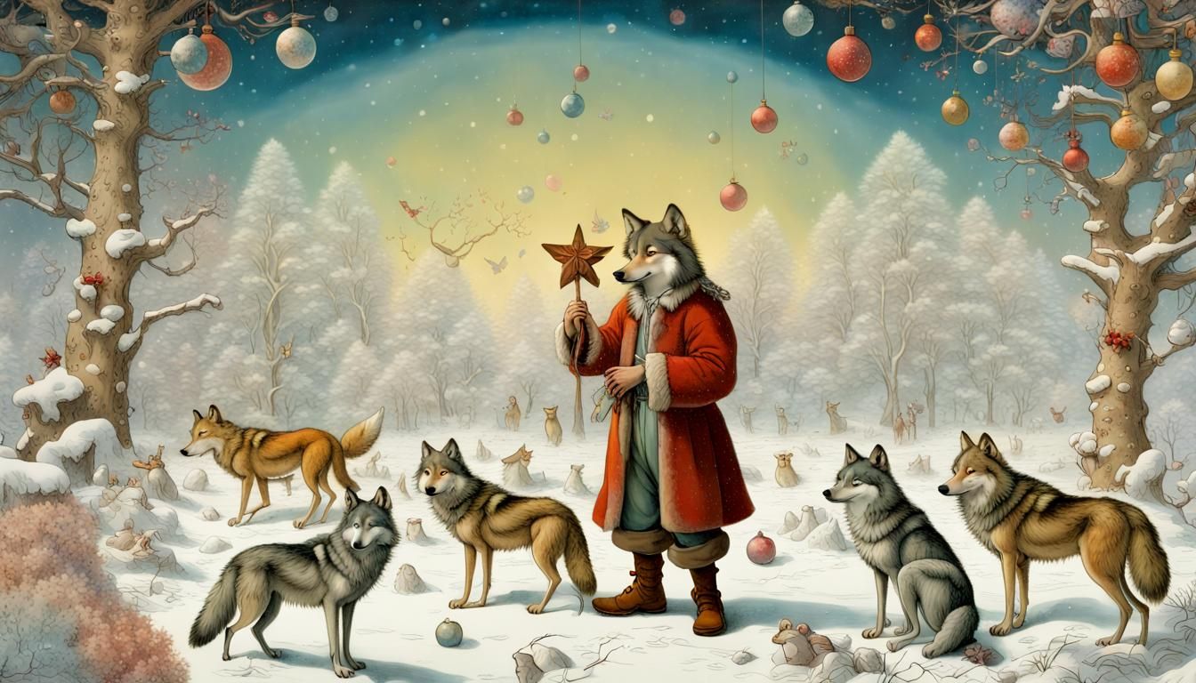 Cartoon Wolf Portrait in Utopian Snowscape, Rembrandt Style