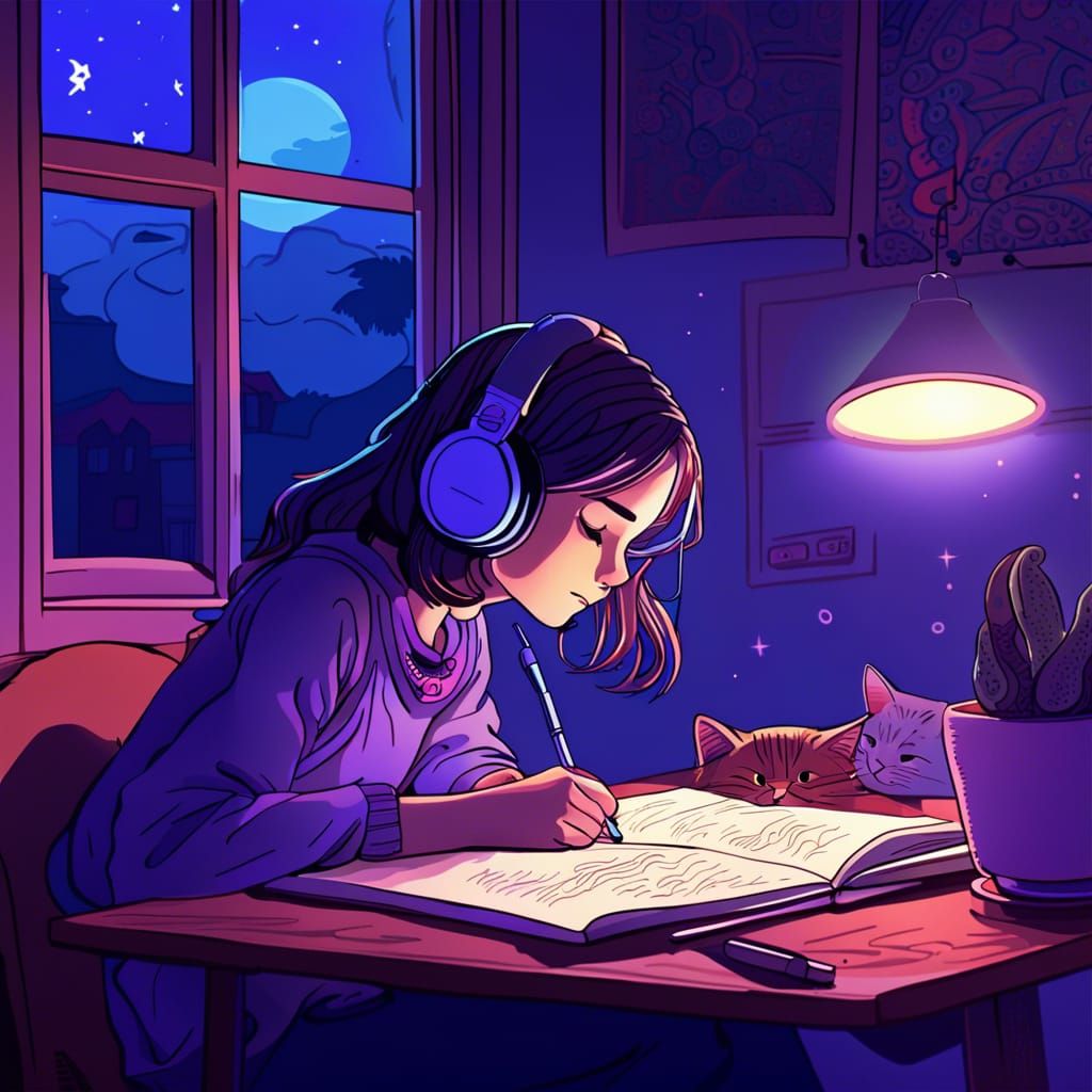 Lofi Girl Studying at Night with Comet Sky
