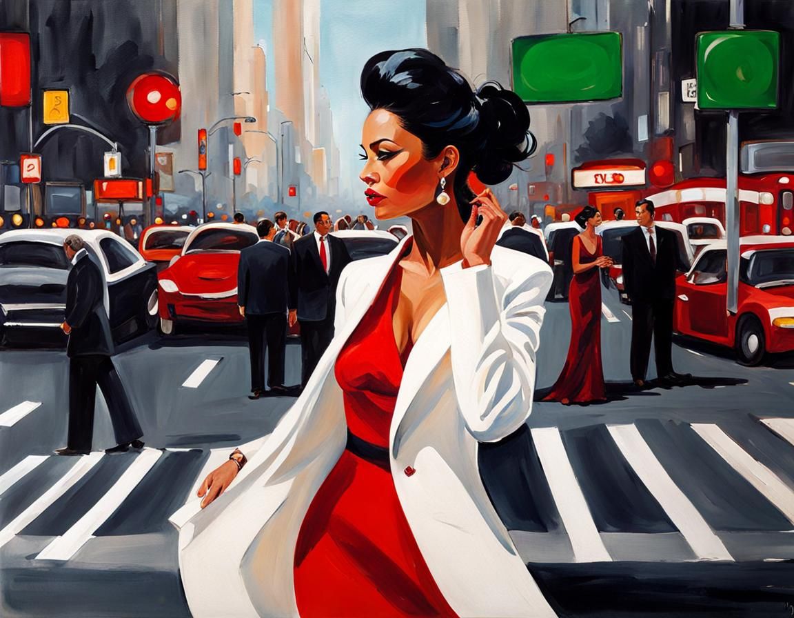 Woman in Red Dress Blowing Kiss, Gouache Style