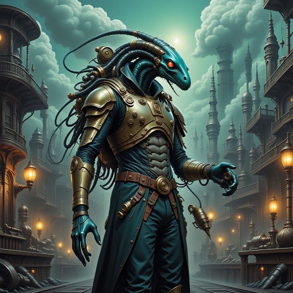 Steampunk Alien Hero in Industrial Cityscape