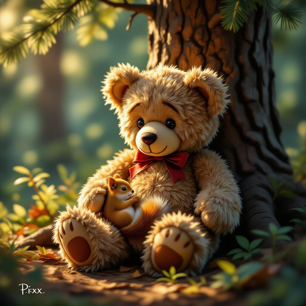 Pixar-Style Teddy Bear with Squirrel in Enchanted Forest
