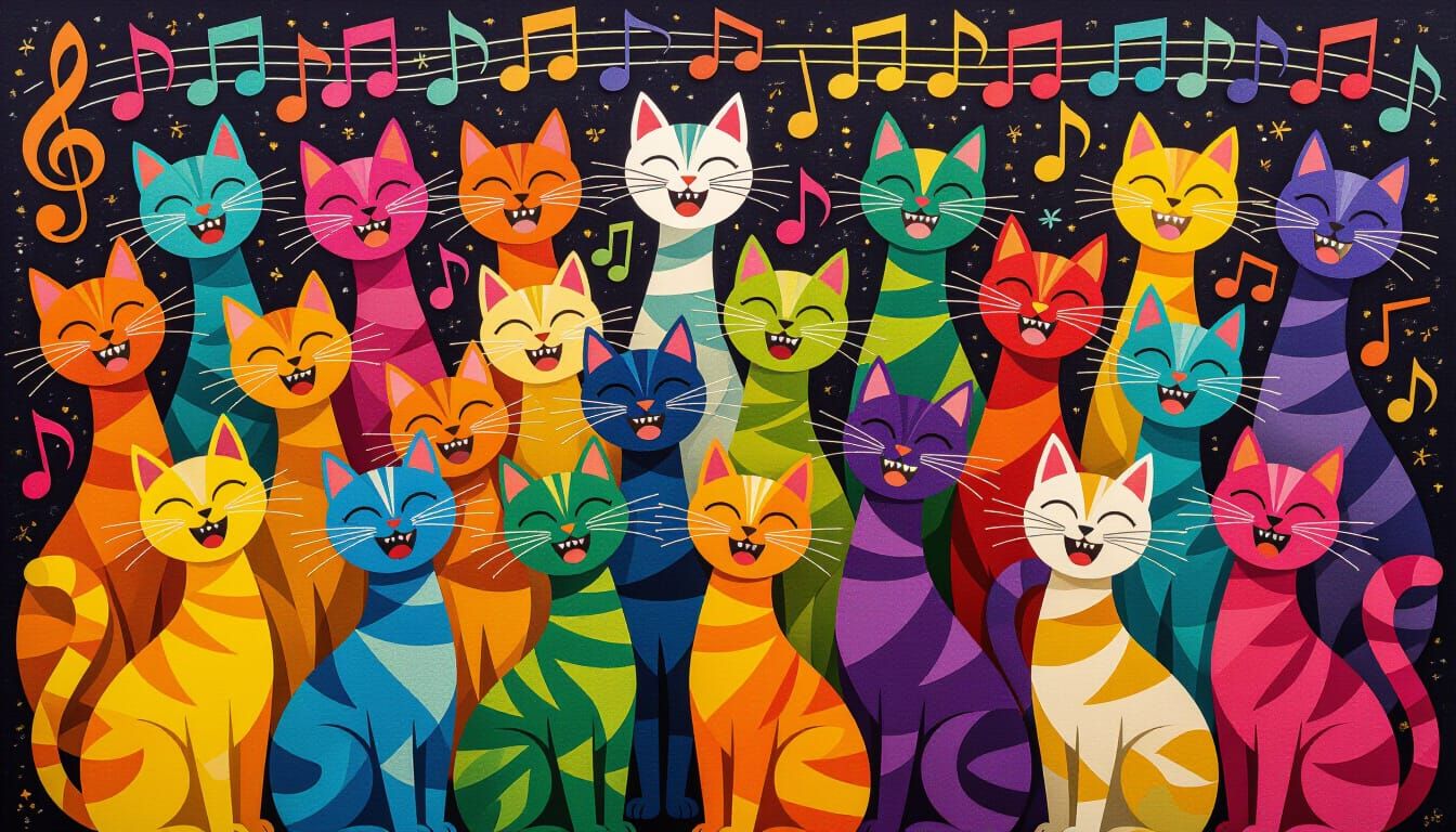 Colorful Singing Cats Felt Mural Art