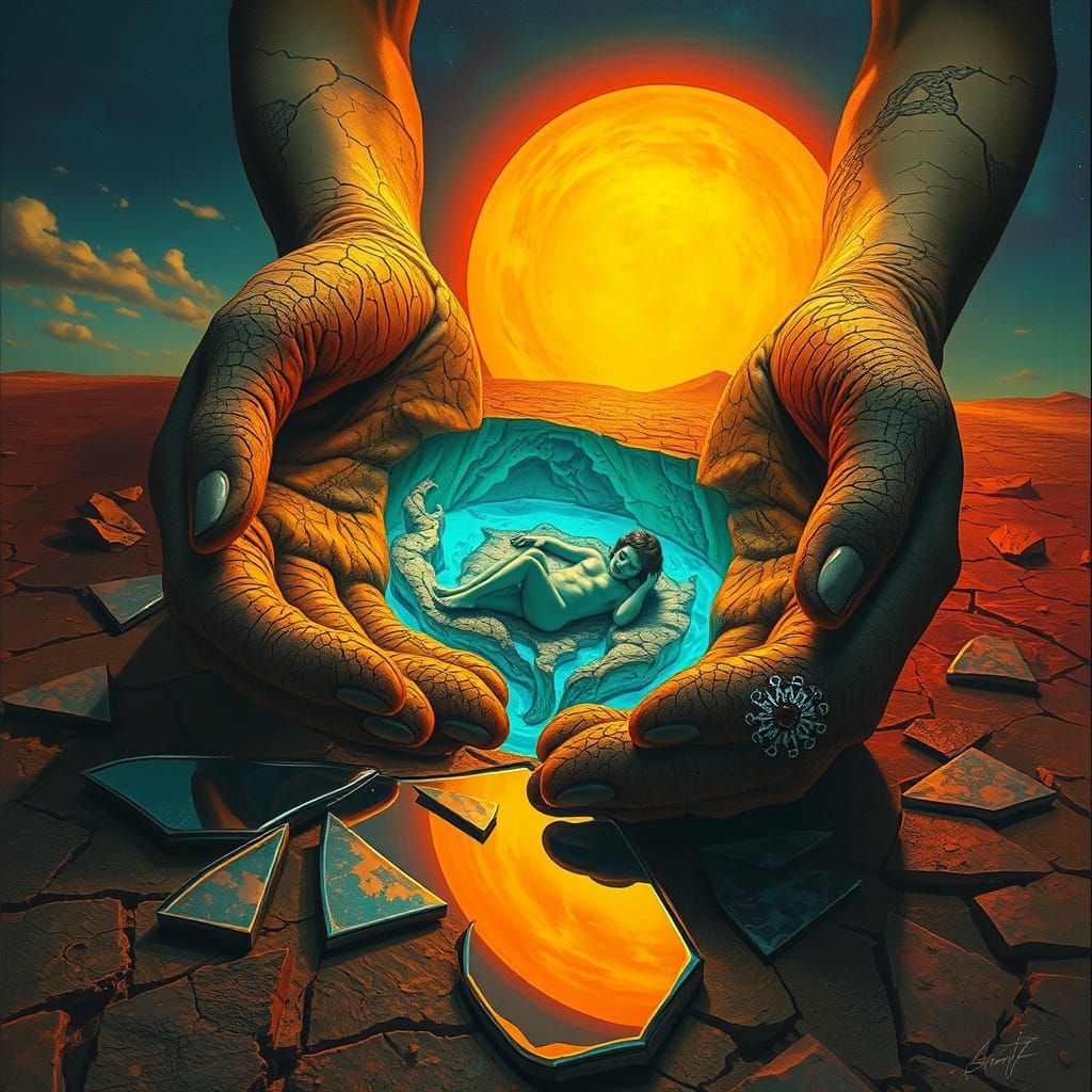 Figure Nurturing Inner Oasis on Barren World