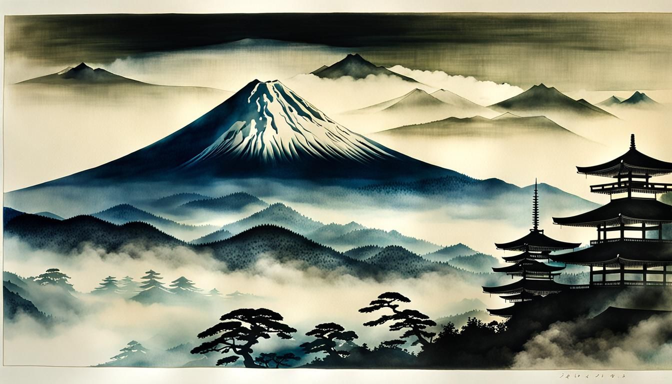 Misty Mountain Landscape in Sumi-e Ink Style
