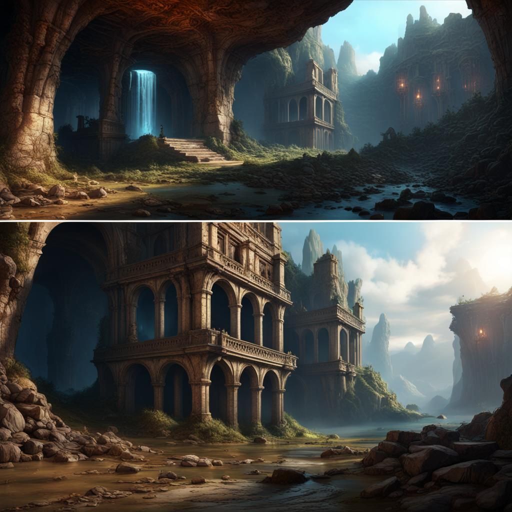 Derelict Underground Fortress with Waterfall, Matte Painting