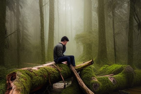 Man on Mossy Log in Detailed Digital Painting