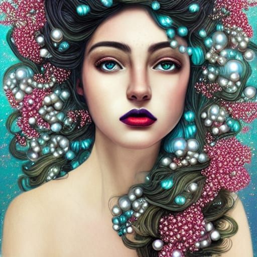 Underwater Fantasy Portrait with Flowers and Pearls