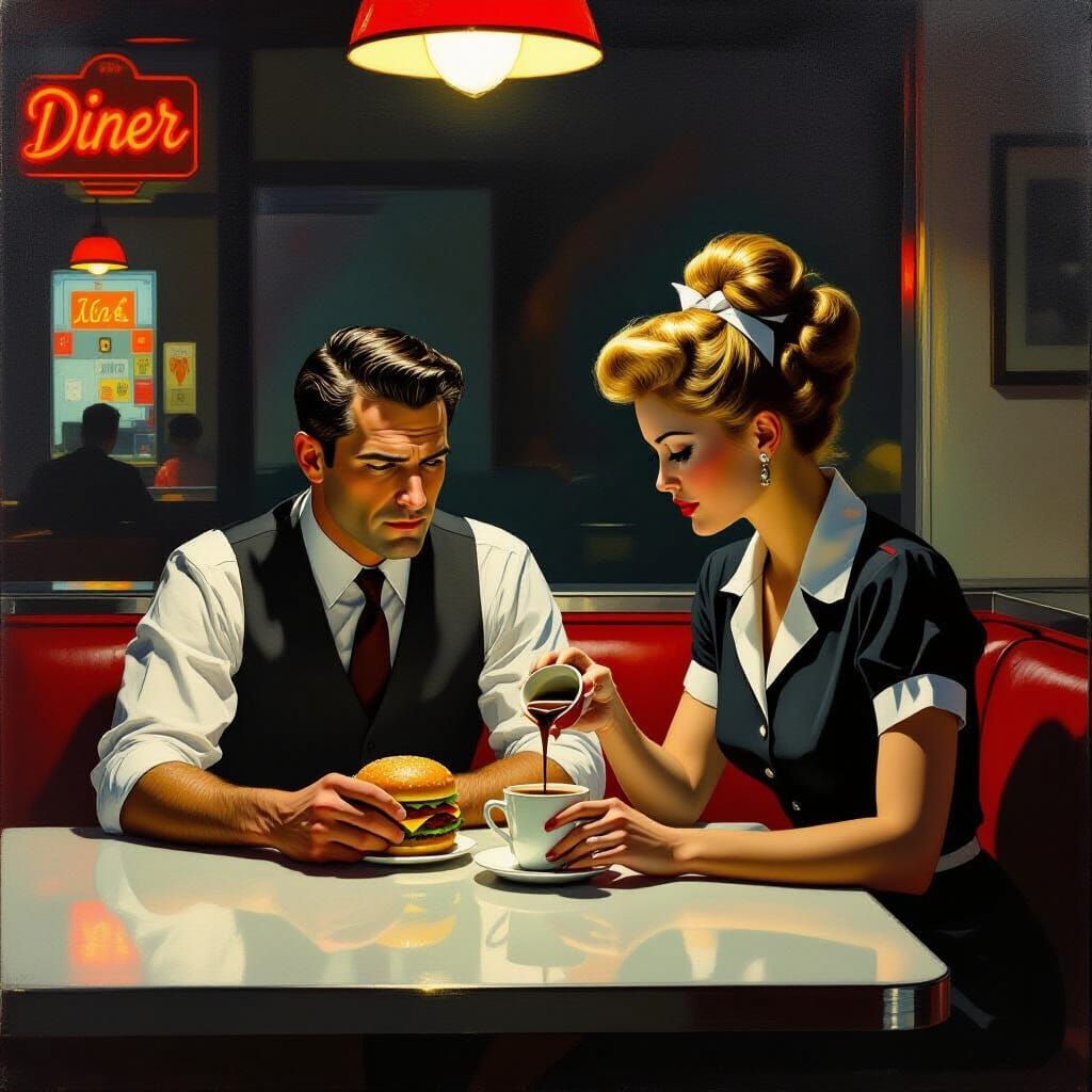 Melancholic Diner Scene in 1950s Style