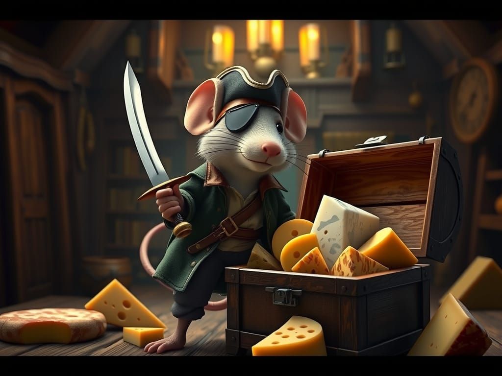Pixar-Style Pirate Mouse Guarding Cheese Treasure