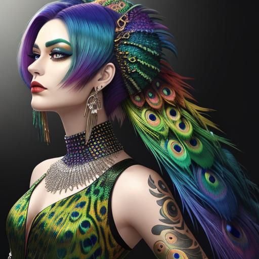 Rainbow Dragon Woman with Peacock Hair: Abstract Art