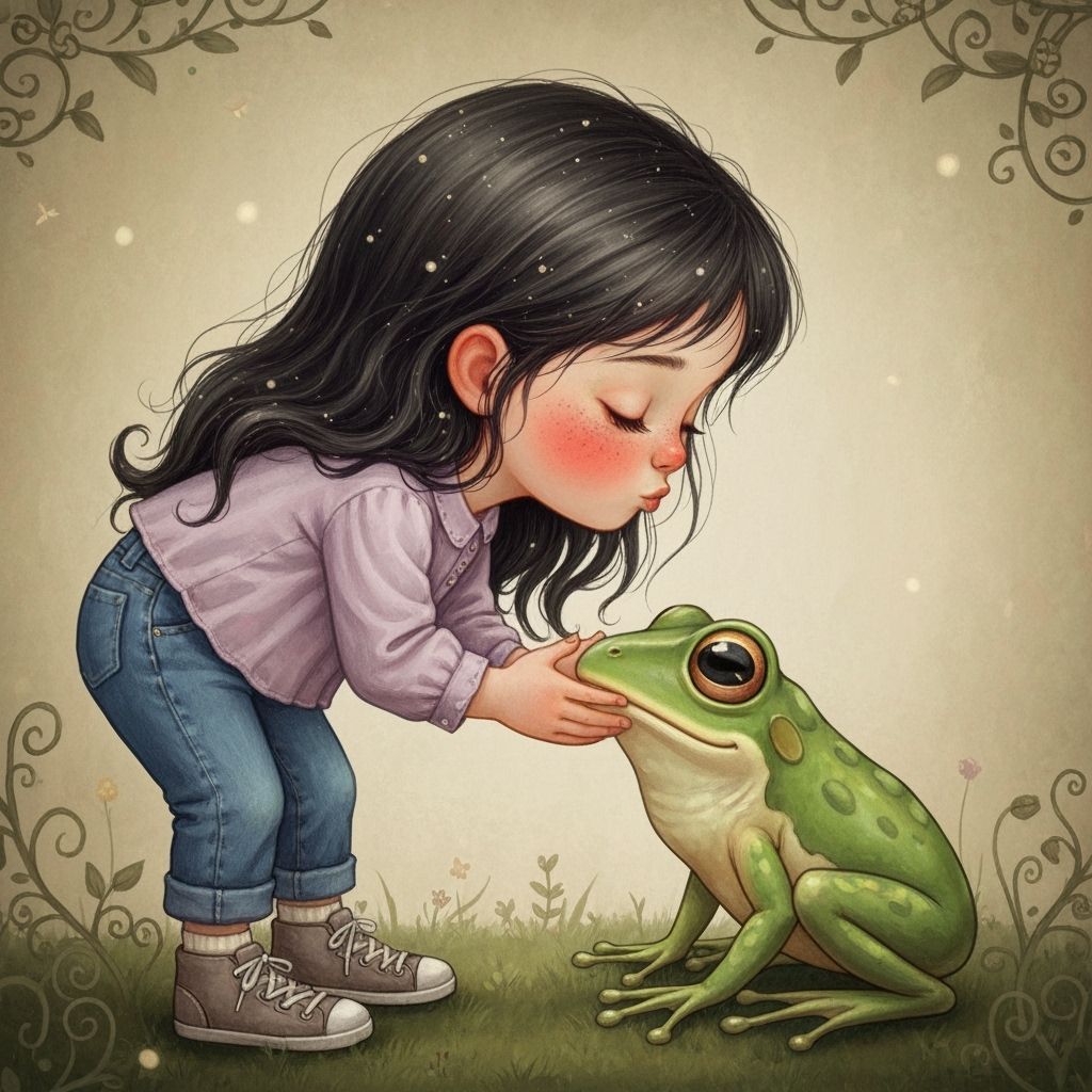 Girl Kisses Frog in Whimsical Fairy Tale Scene