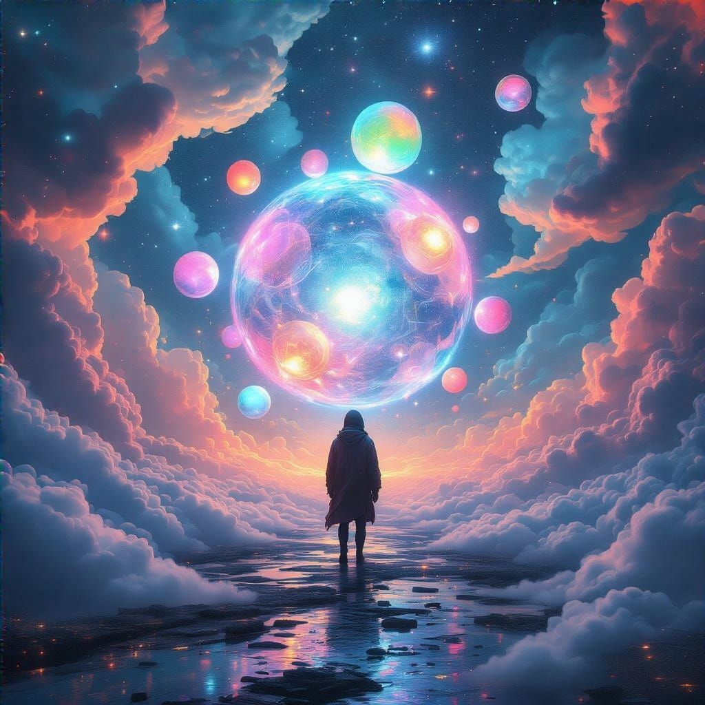 Surreal Dreamscape with Cosmic Orbs and Swirling Clouds