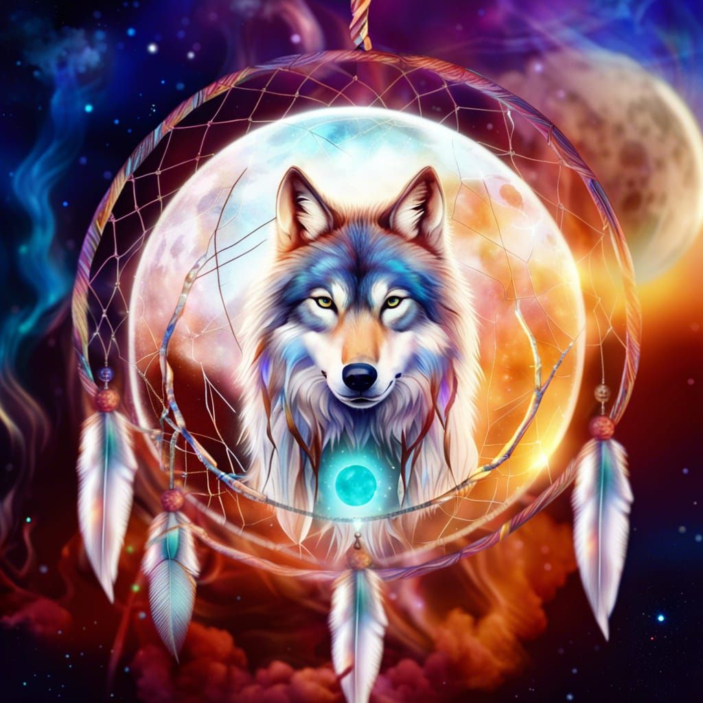Native American Dreamcatcher with Wolf, Astral Illustration