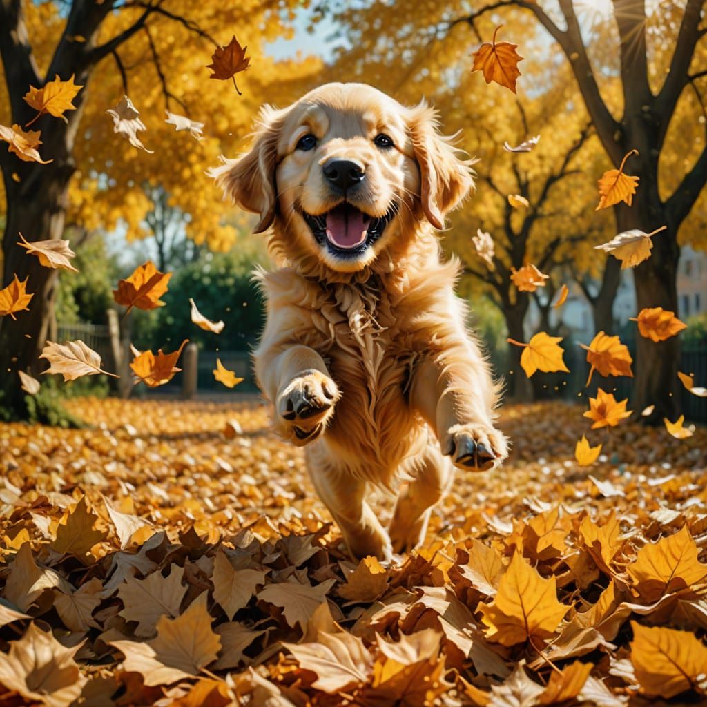 Joyful Golden Retriever Puppy Leaping in Leaves