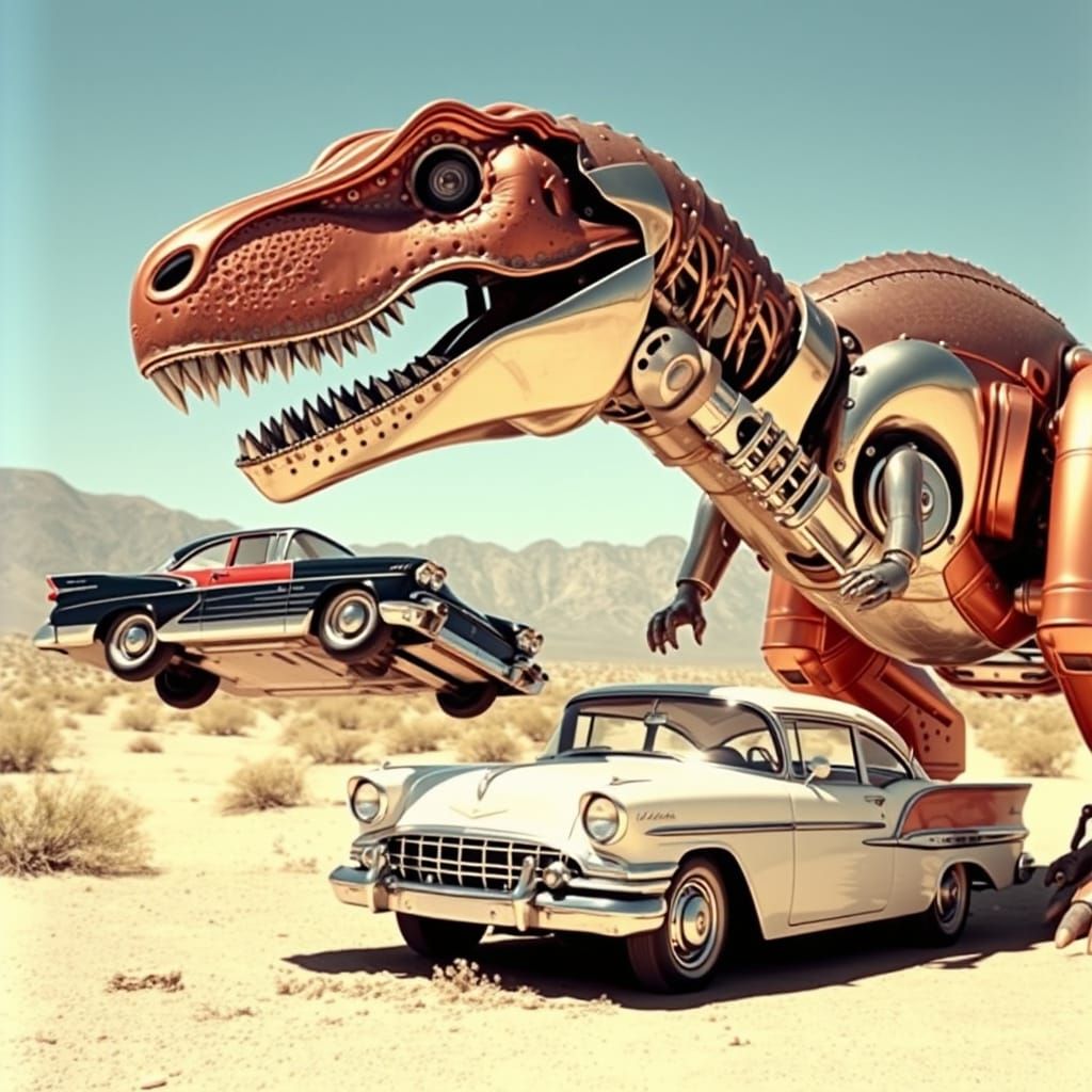 Mechanical T-Rex Crushes Cars in Desert Landscape