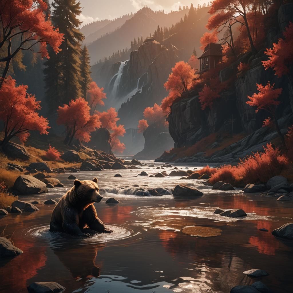 Red Monochromatic Bear in River at Golden Hour