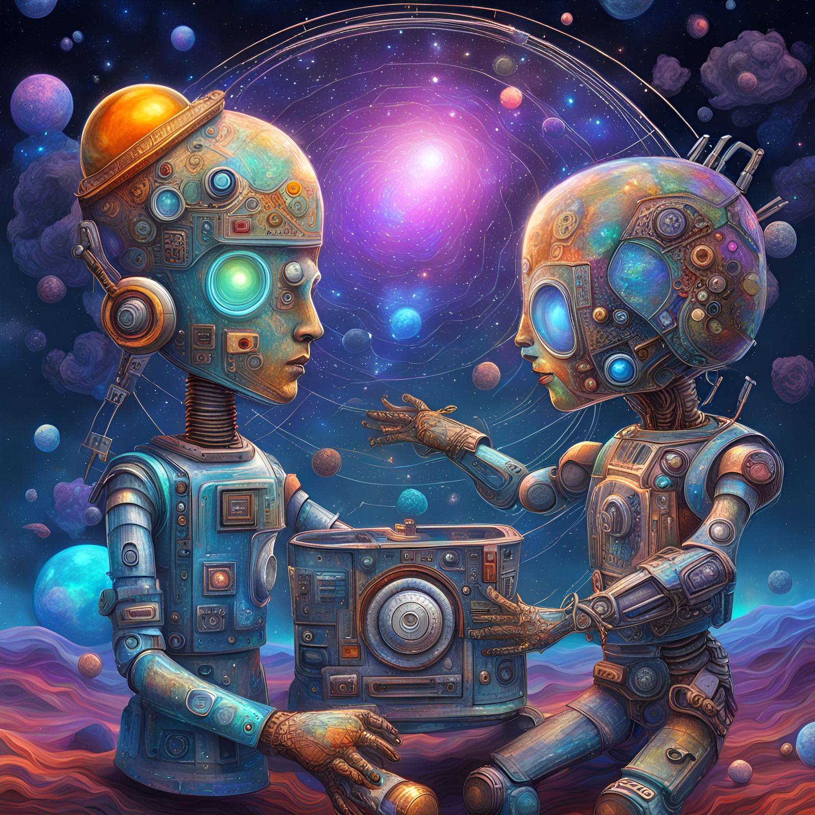 Cosmic Robot Embrace: A Visionary Illustration