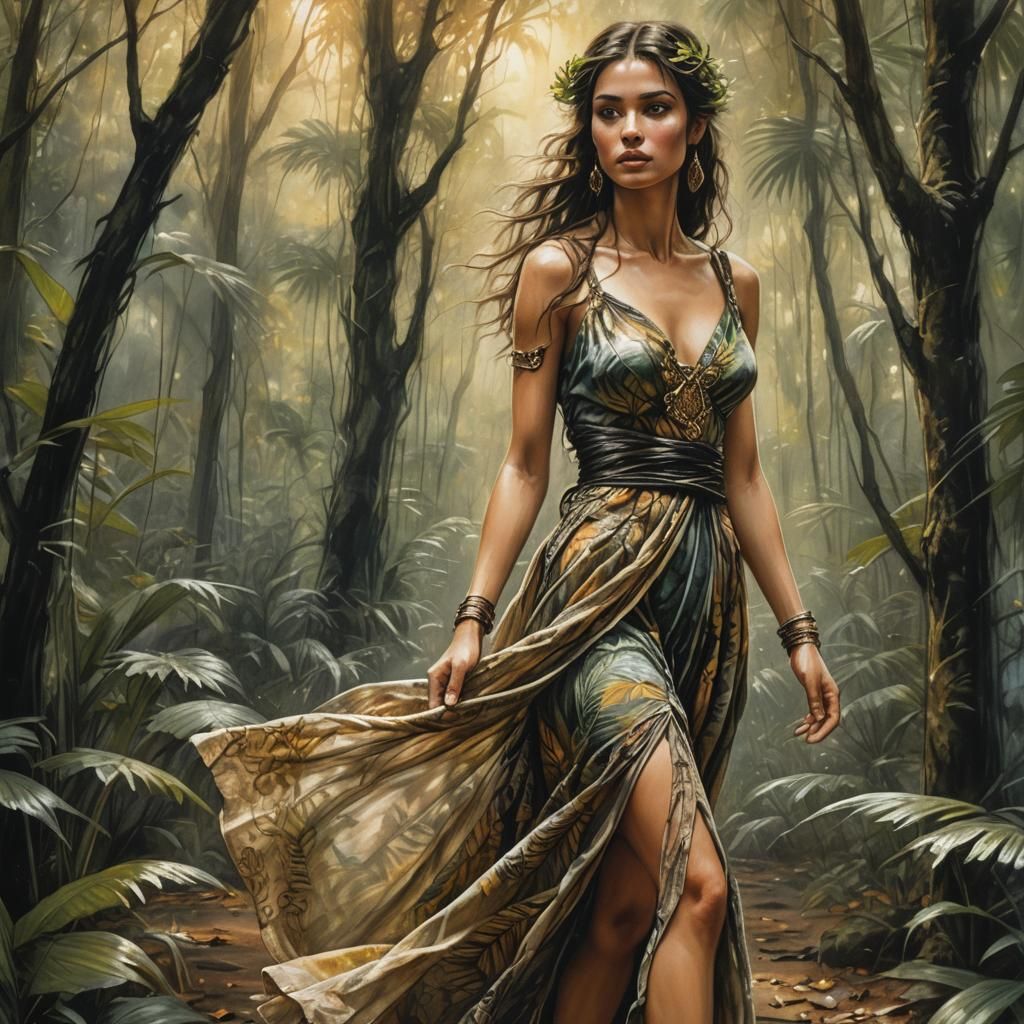 Sultry Tropical Goddess Walks Through a Vibrant Jungle
