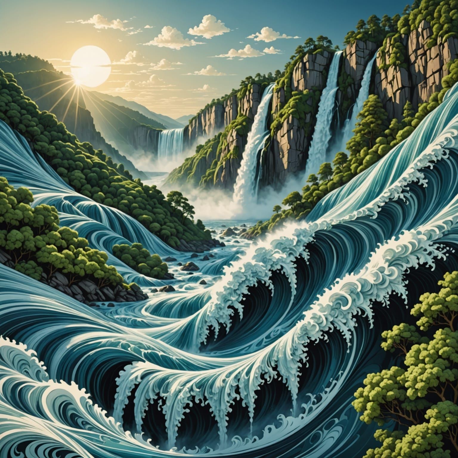 Vibrant Abstract Waterfall Ascends into the Sky