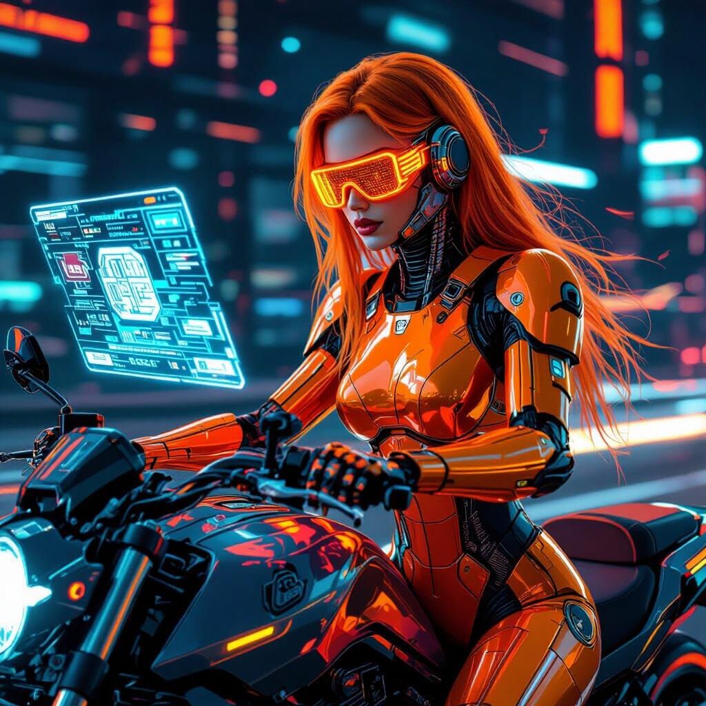 Cyberpunk Cyborg Woman on Motorcycle