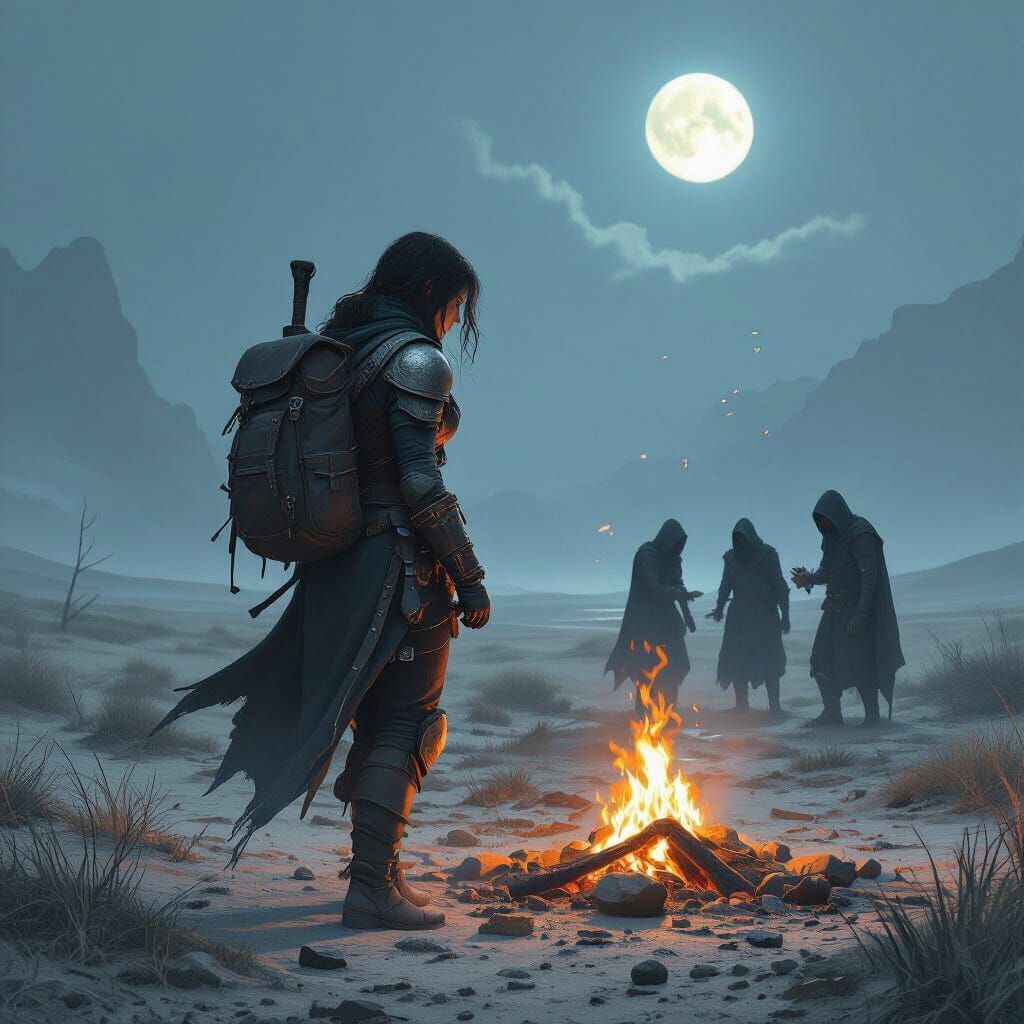 Moonlit Traveler in Desolate Landscape, Digital Art