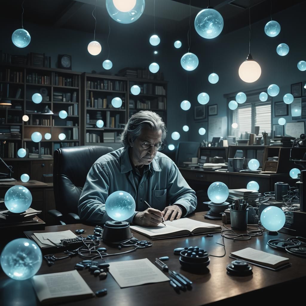 Dystopian Orb Doing Homework in Abandoned Lab