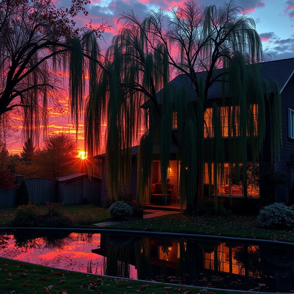 Autumn Sunset Home with Exploding Reflections