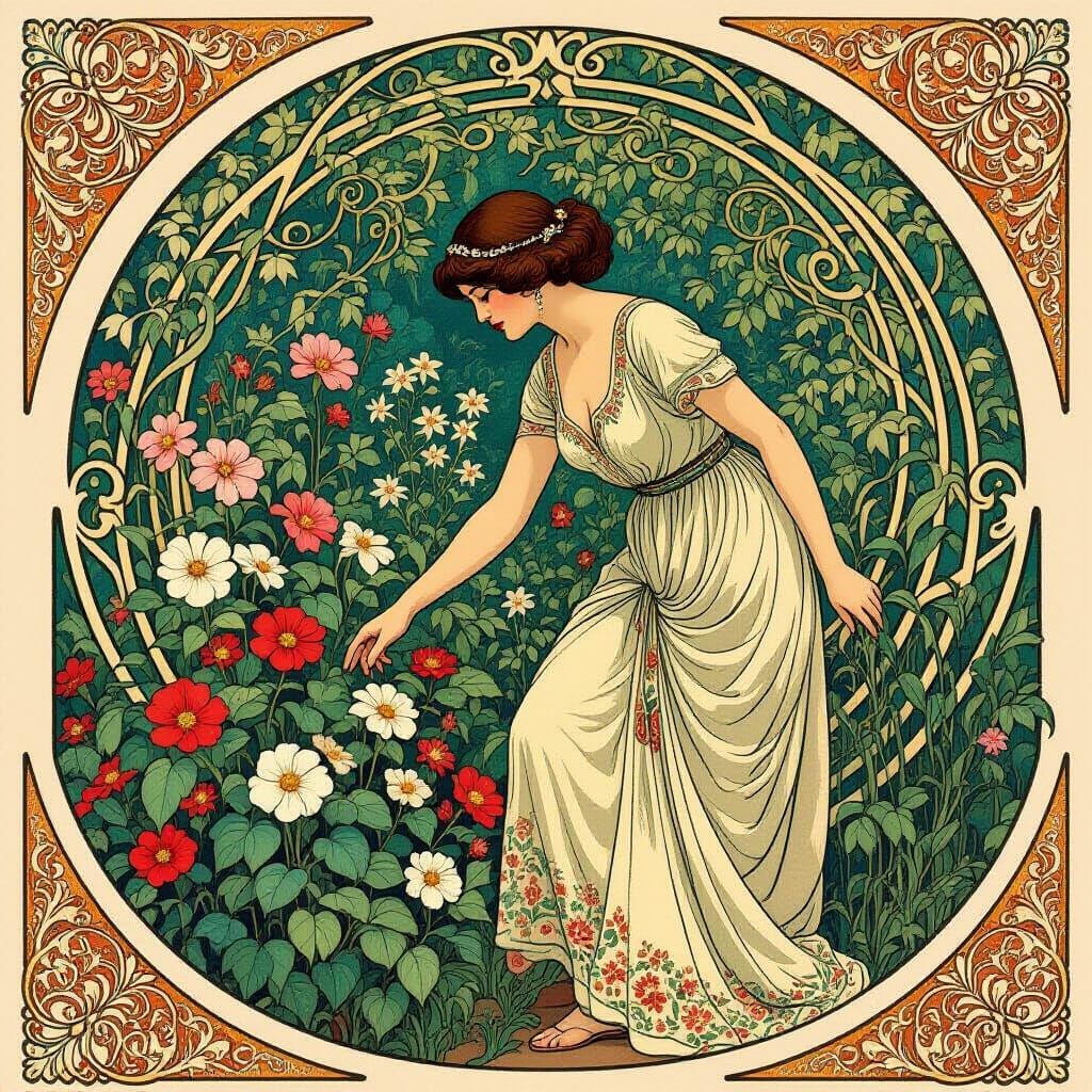 Art Nouveau Woman Tends Lush Garden of Exotic Flowers