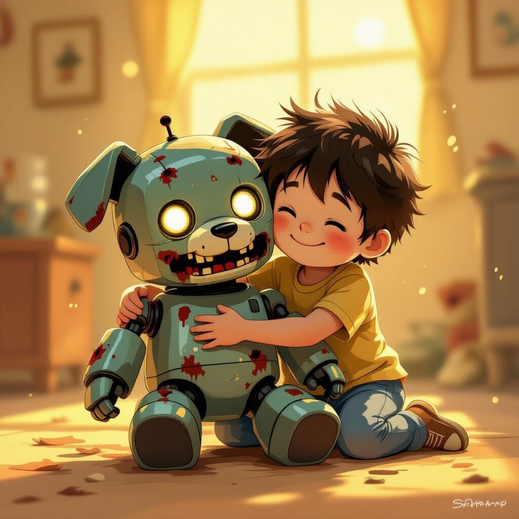 Child Hugs Broken Robot Dog Toy in Golden Light