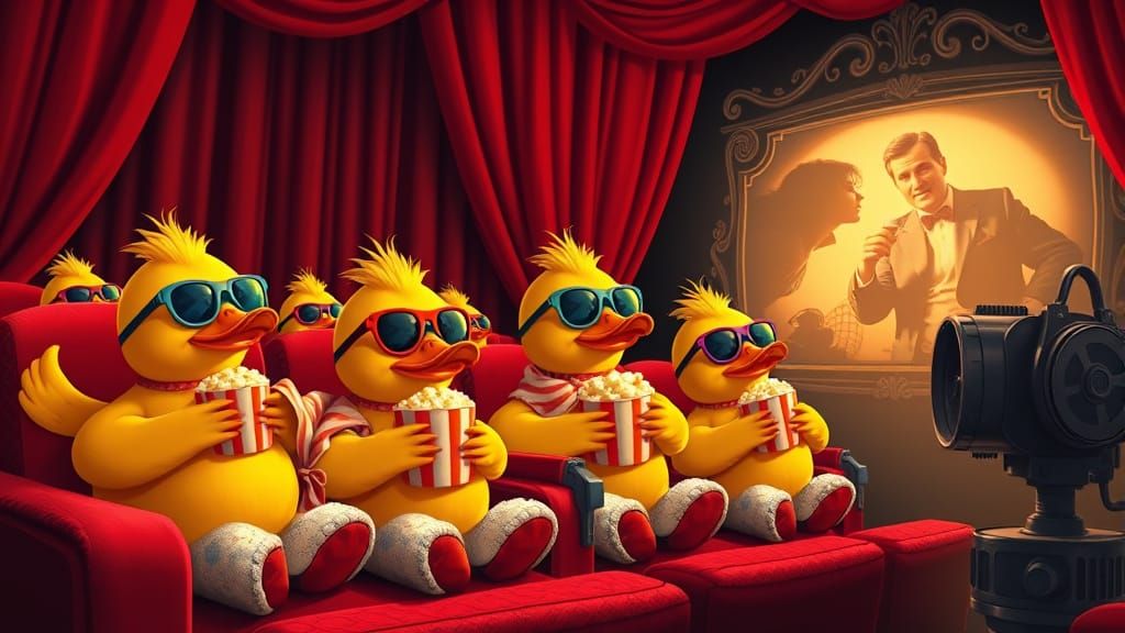 Anthropomorphic Rubber Ducks Enjoy a Night at the Cinema