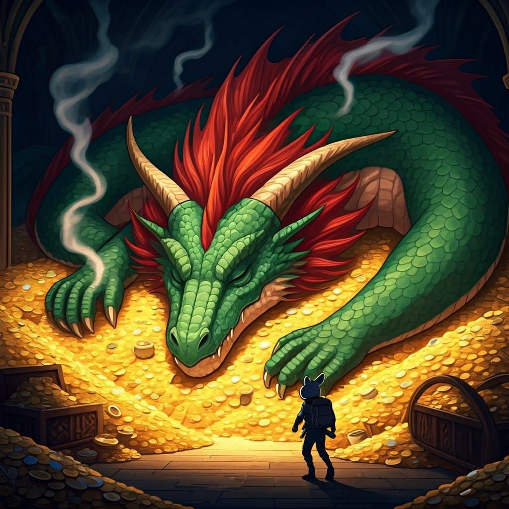 Green Dragon Asleep on Gold Hoard, Anime Style
