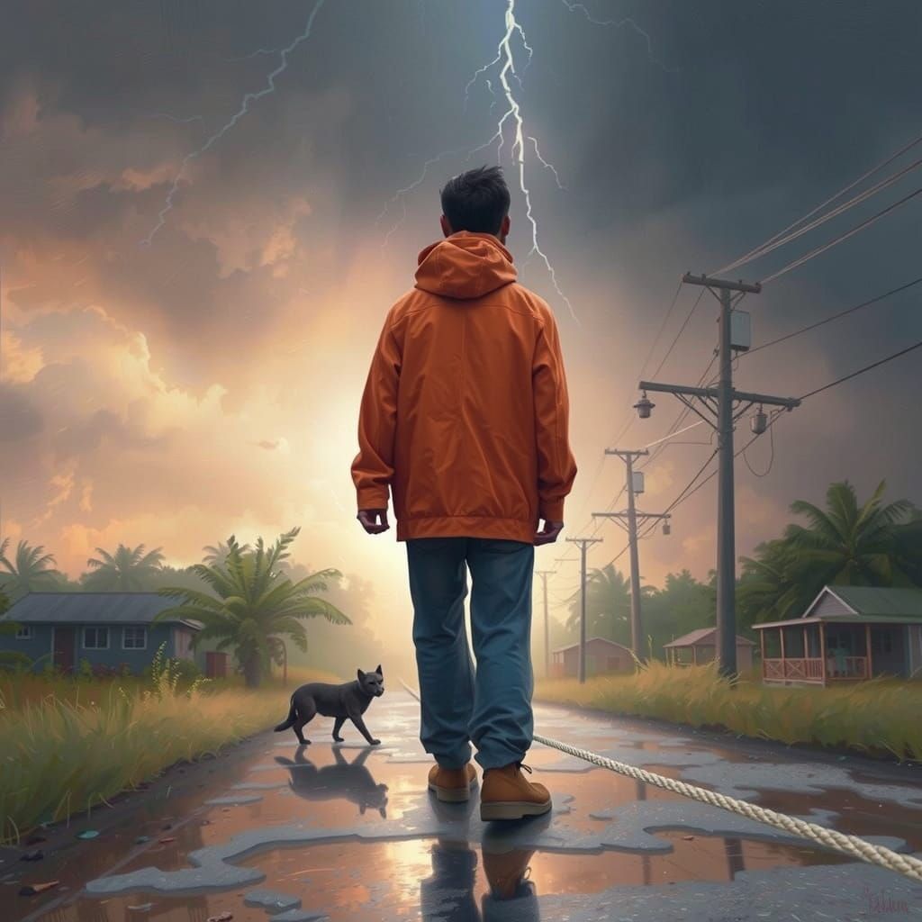 Dark Skinned Youth Shelters from Hurricane's Fury in Dramati...