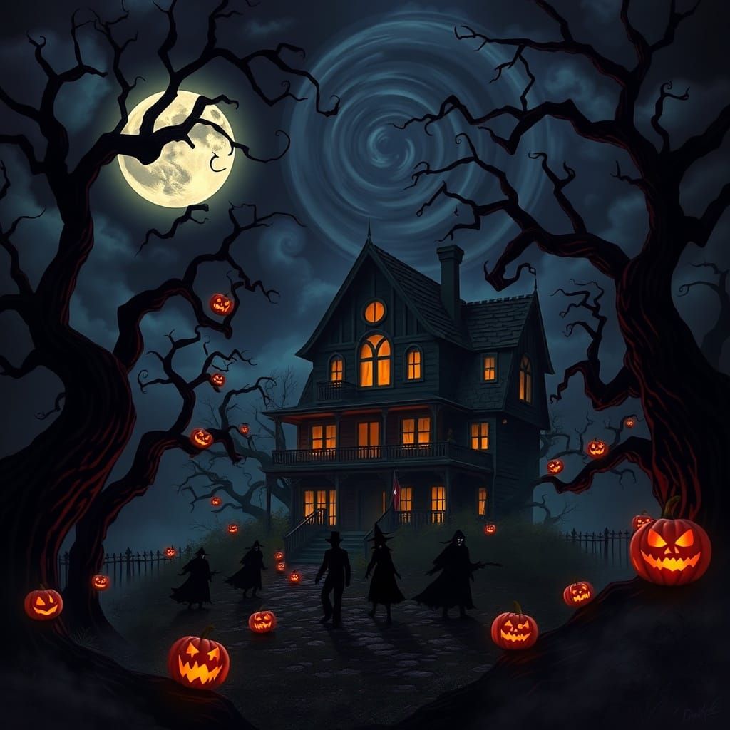 Gothic Halloween Haunted House with Twisted Trees