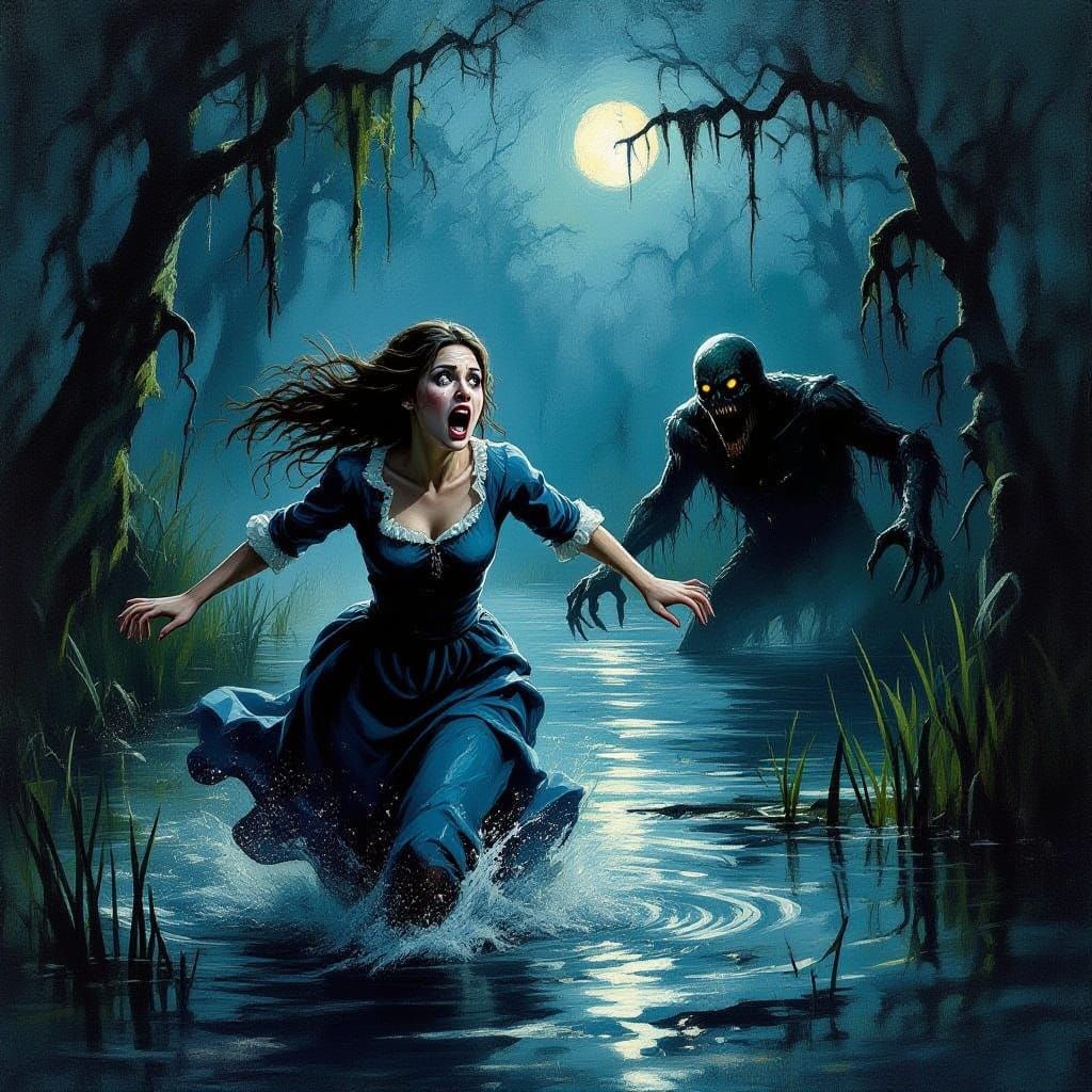 Ethereal Cajun Woman Fleeing Ghastly Swamp Monster at Night