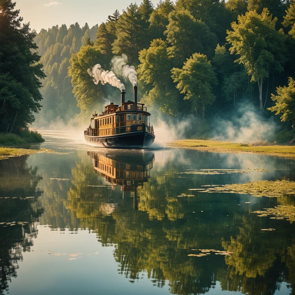 Steamboat on Serene Lake: Neo-Impressionist Oil Painting